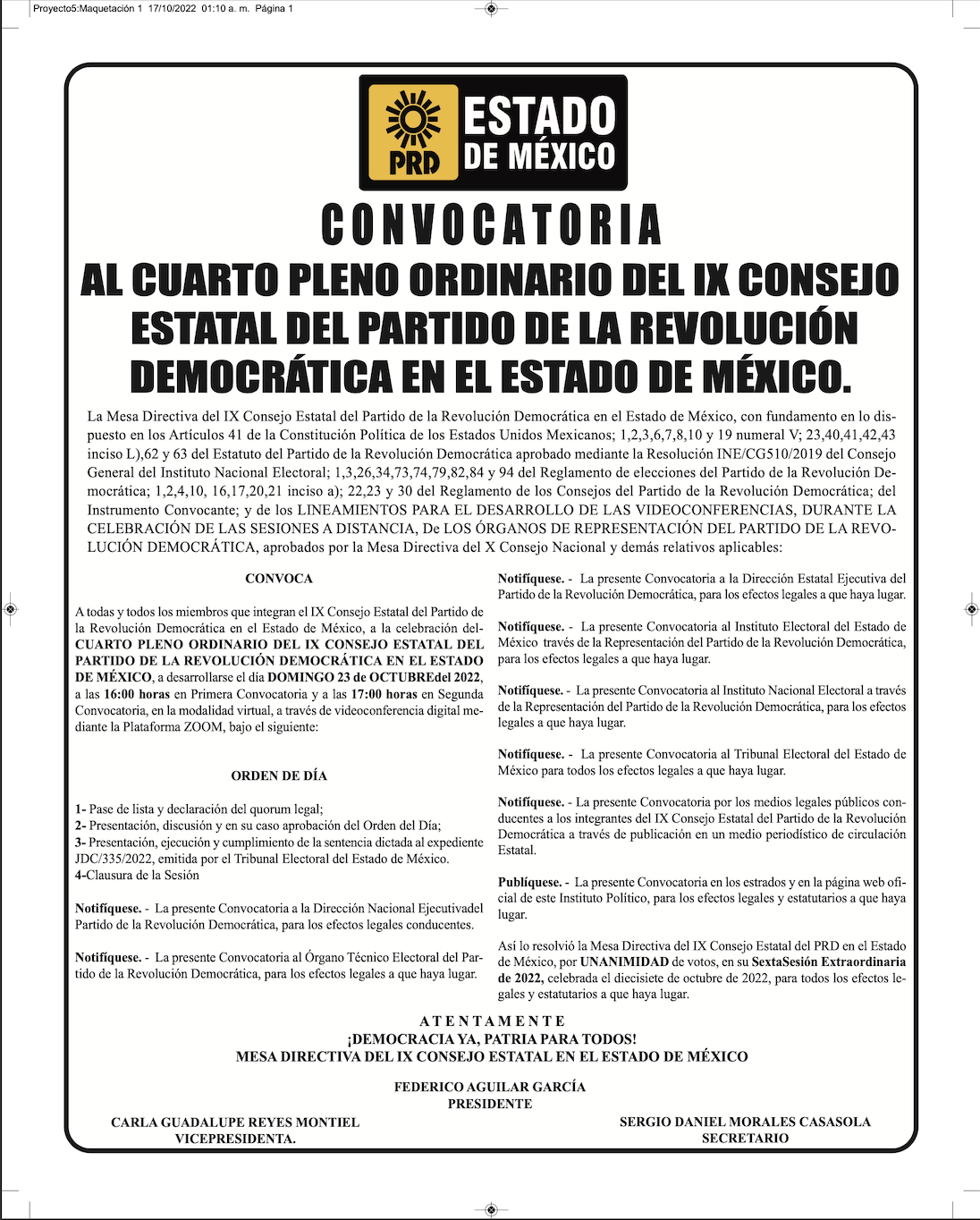 Convocatoria al 4° Pleno Ordinario del IX Consejo Estatal del Partido de la Revolución Democrática en el Estado de México.