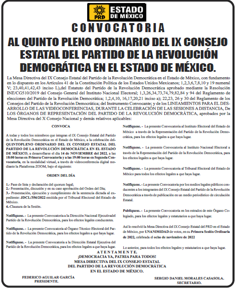 C O N V O C A T O R I AAL QUINTO PLENO ORDINARIO DEL IX CONSEJOESTATAL DEL PARTIDO DE LA REVOLUCIÓNDEMOCRÁTICA EN EL ESTADO DE MÉXICO